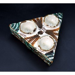Especiero de cerámica de Almazán verde manganeso y naranja