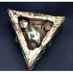 Especiero de cerámica de Almazán verde manganeso y naranja