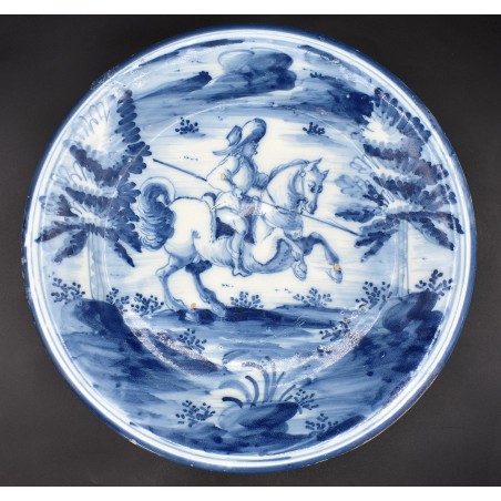 Plato de Talavera caballero siglo XVIII serie azul