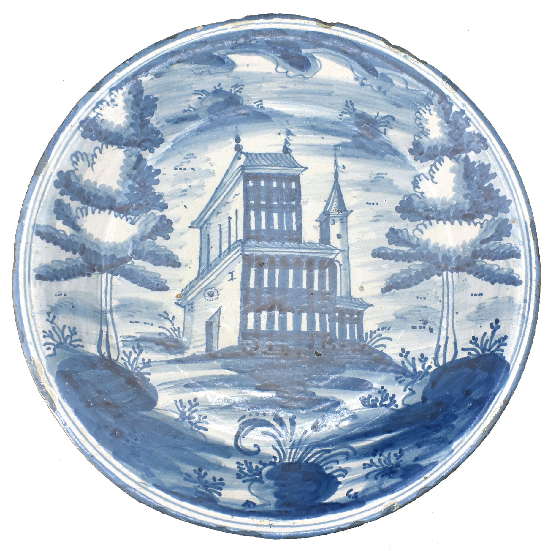 Talavera plato escenas azules troncos parelelos